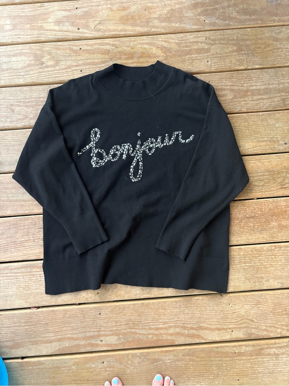 Karl Lagerfeld Black 'Bonjour' Embellished Crewneck Sweater